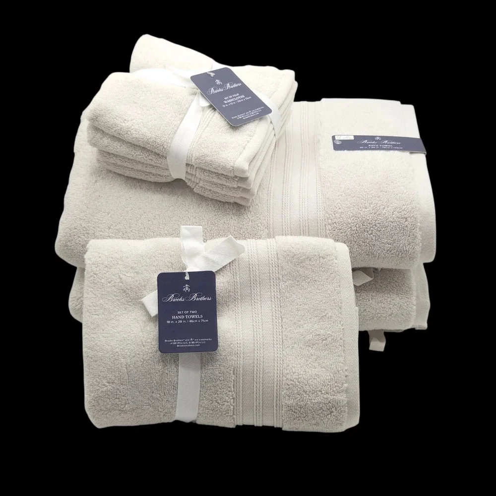 Brooks Brothers 8pc Sand Greige Cotton‎ Towel Set 2 Bath 2 Hand 4 Washcloths